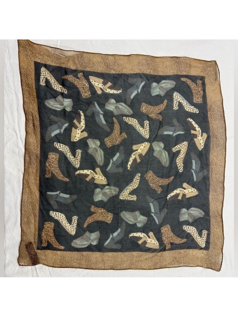Echo Silk Scarf Shoe Print Leopard Heels Loafers Brown Black Square